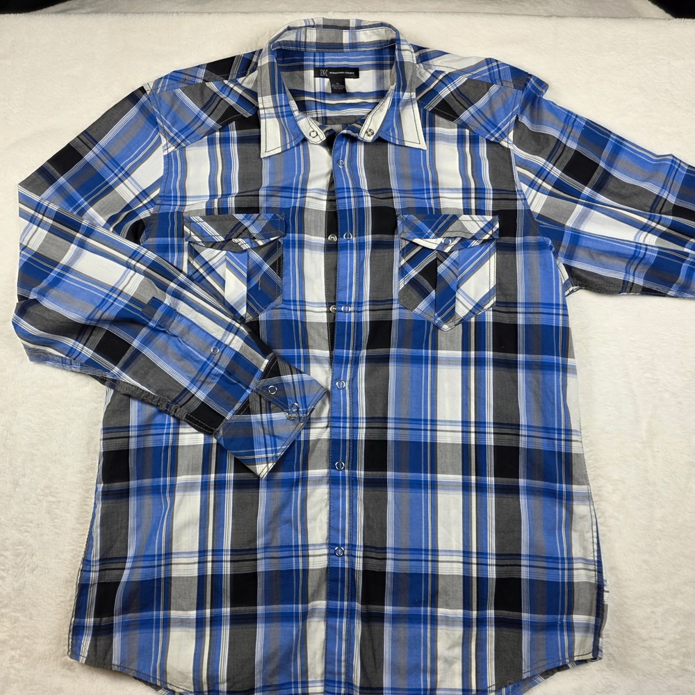 INC International Concepts Snap Front Shirt Mens XL Blue Plaid Excellent Western